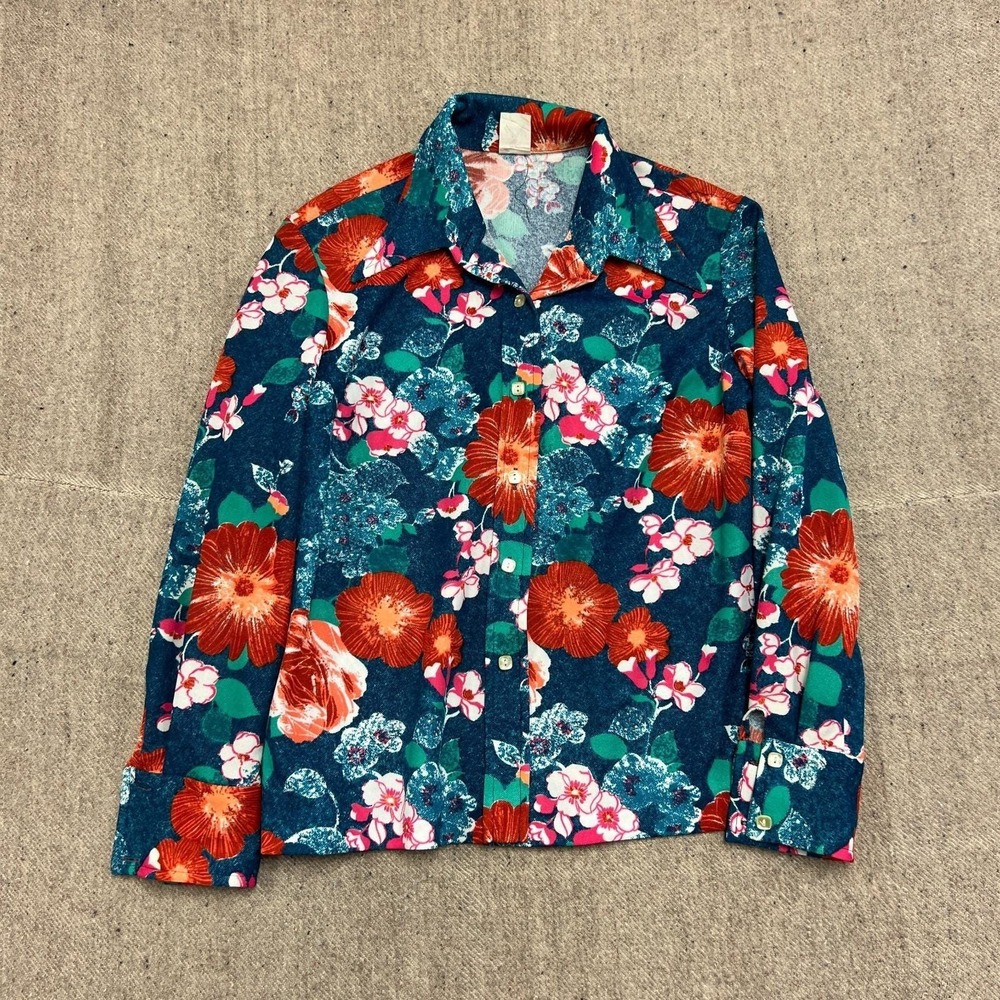 Vintage Dell Hawaiian Button Up Shirt Women's Medium Blue 70s Floral Long Sleeve